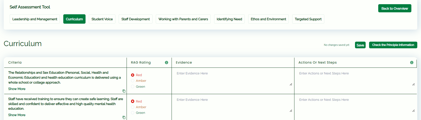 Screenshot of the Staff Development audit tool interface showing RAG ratings and evidence columns